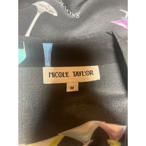 Nicole Taylor Silk Blouse Art Deco Blouse Cocktail Drink Print MED long sleeve - Picture 5 of 9